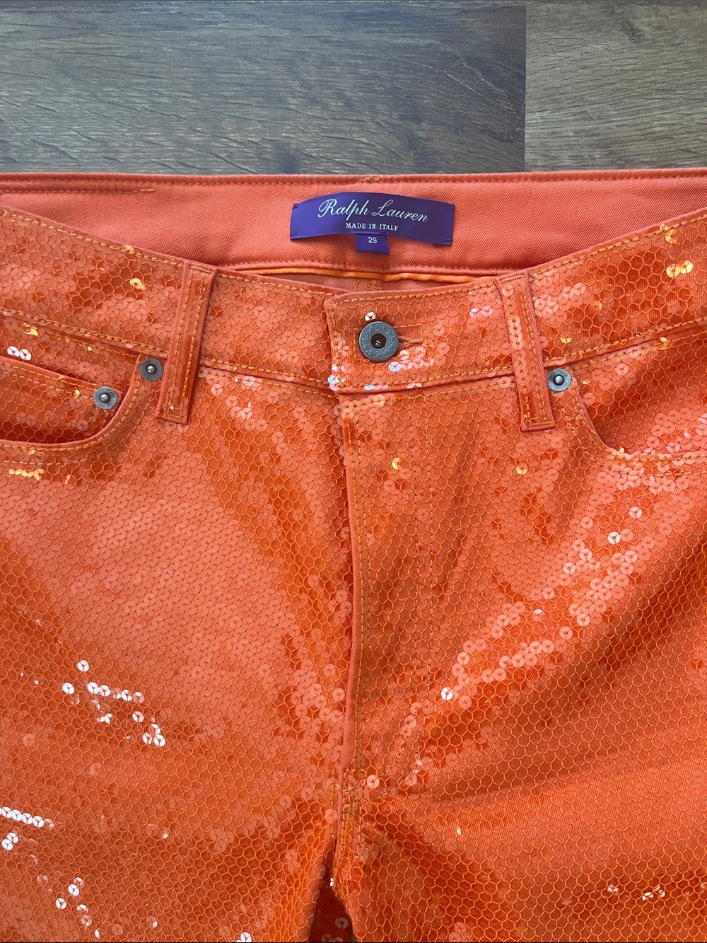 Ralph Lauren Purple Label Orange Jeans Sequin Mesh Overlay Runway 2019 Size 29